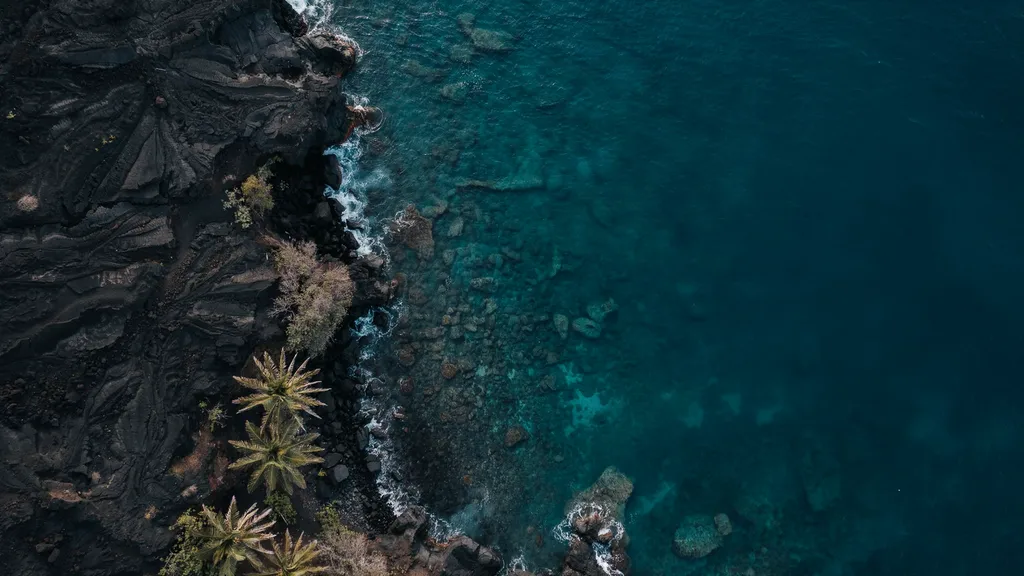 Vista aérea de la costa caribeña, con el oleaje rompiendo sobre roca oscura.