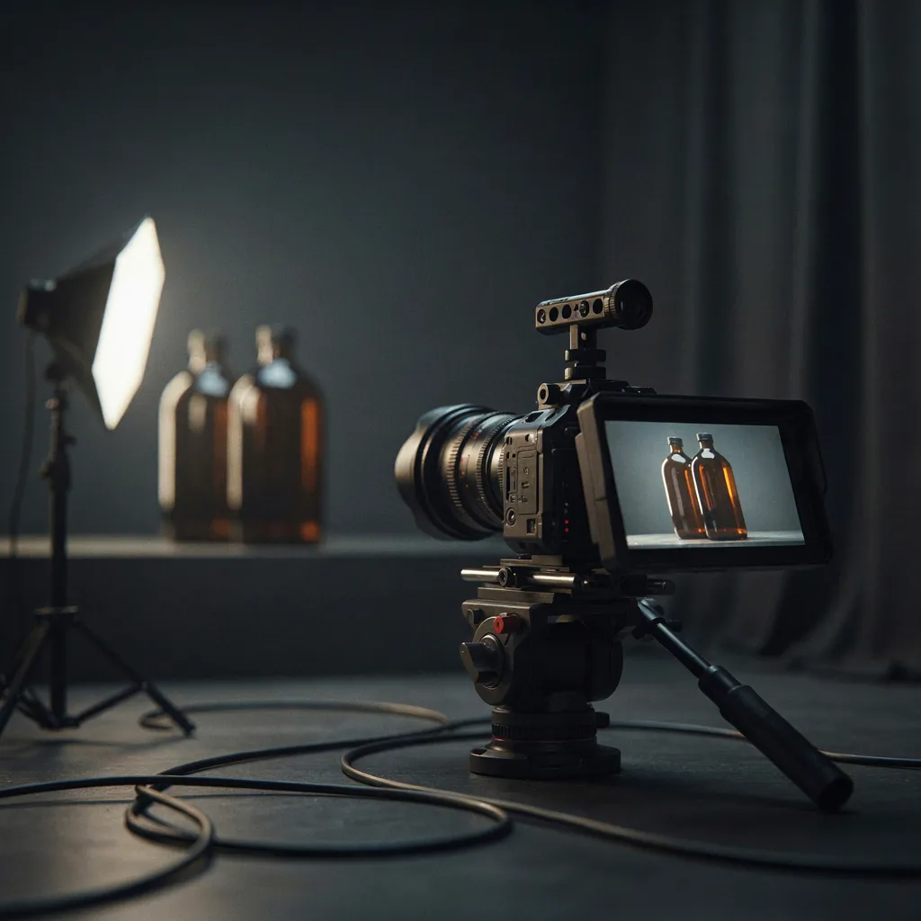 Un equipo de cámara montado para fotografiar dos botellas sin etiqueta.