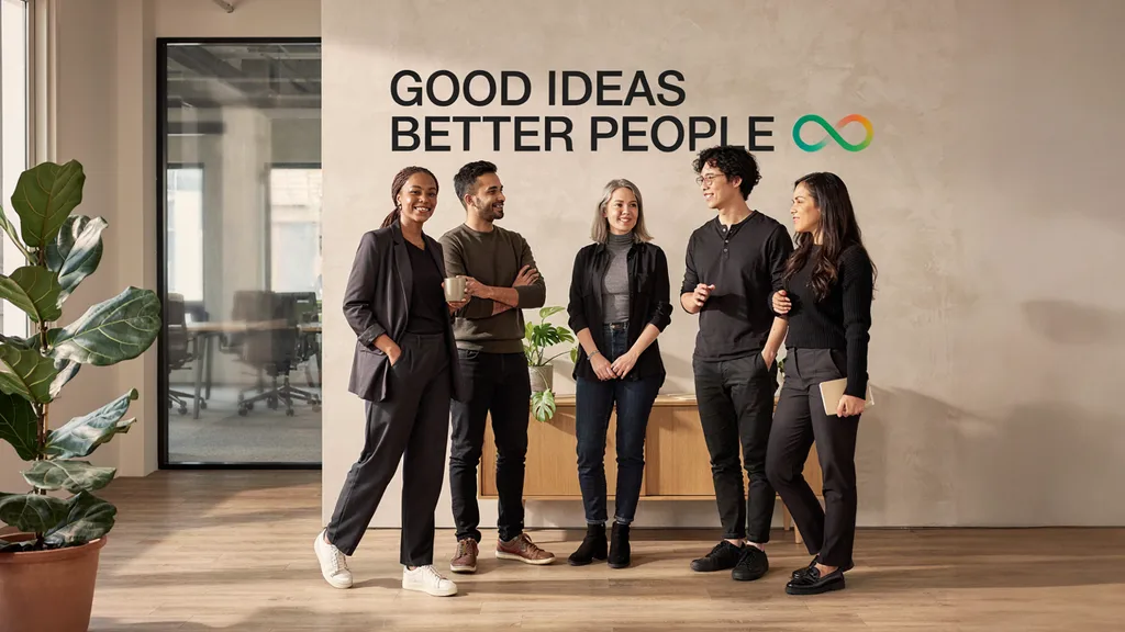 Cinco personas de pie conversando en una oficina abierta, frente a una pared rotulada “Good Ideas Better People”.