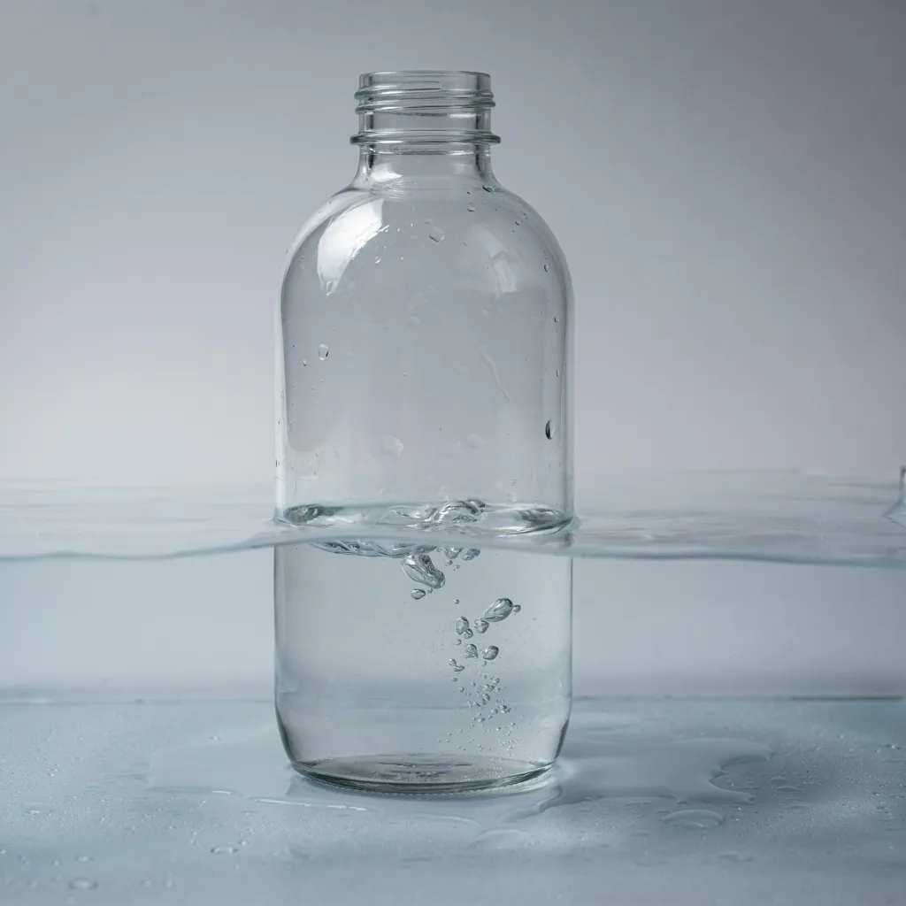 An unlabeled glass bottle resting at the water's edge.