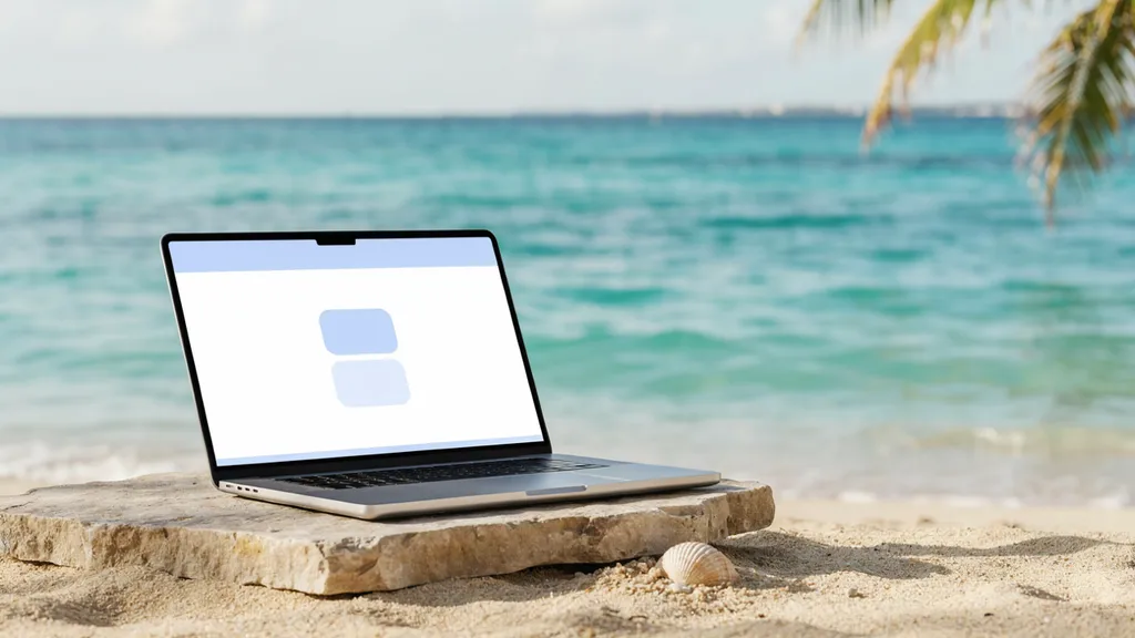 A laptop resting on a rock by the ocean, its screen showing a generic website mockup.